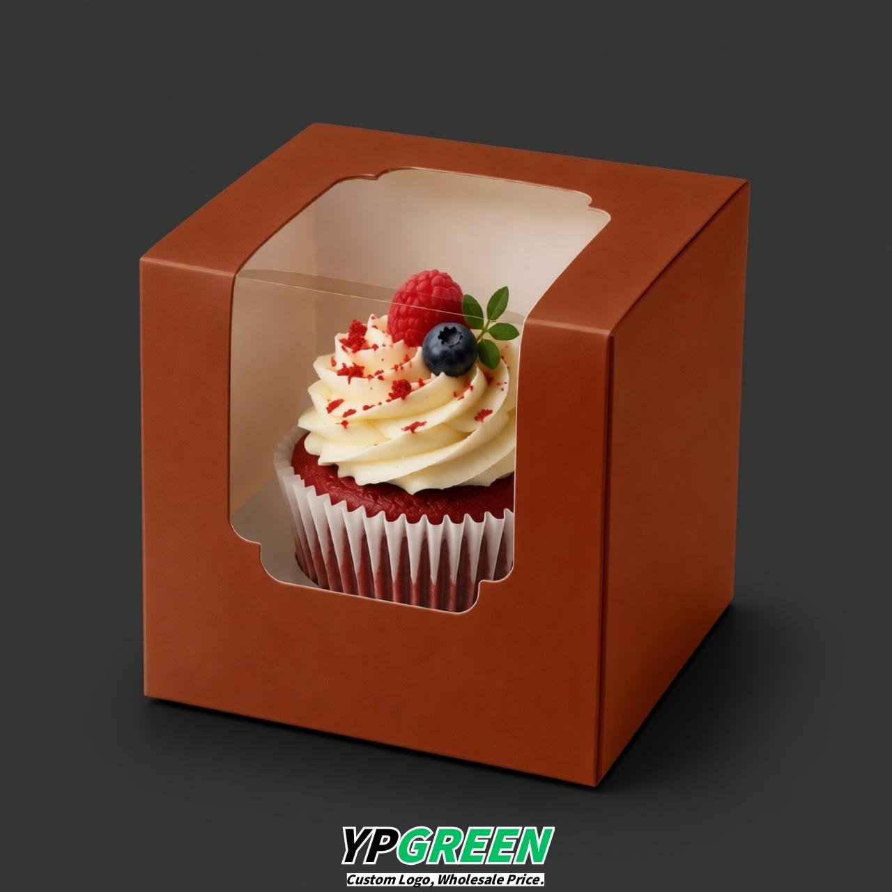 Brick Red Individual 3.5 inches Square Paper Cupcake Box Containers with Windows & Inserts