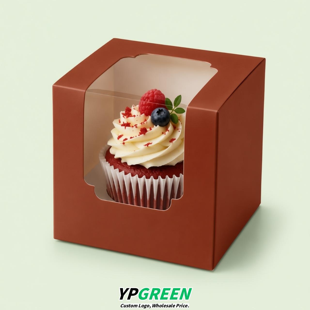 Brick Red Individual 3.5 inches Square Paper Cupcake Box Containers with Windows & Inserts