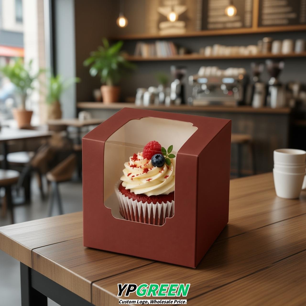 Brick Red Individual 3.5 inches Square Paper Cupcake Box Containers with Windows & Inserts
