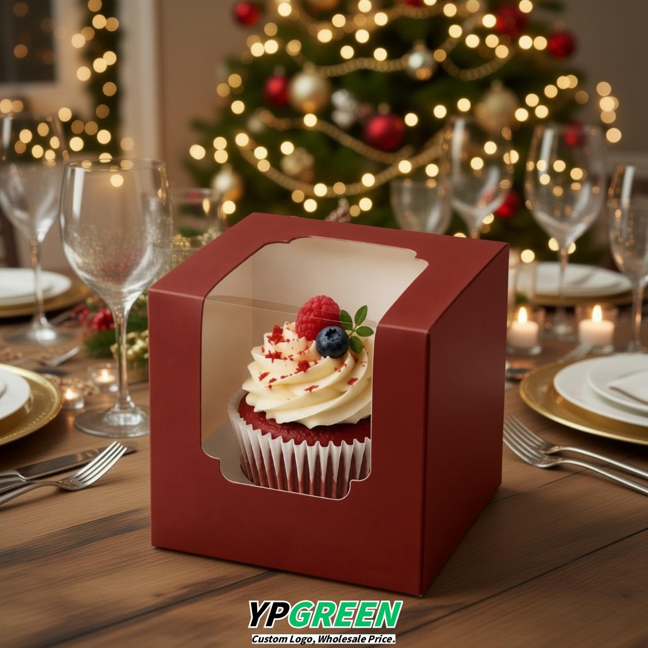 Brick Red Individual 3.5 inches Square Paper Cupcake Box Containers with Windows & Inserts