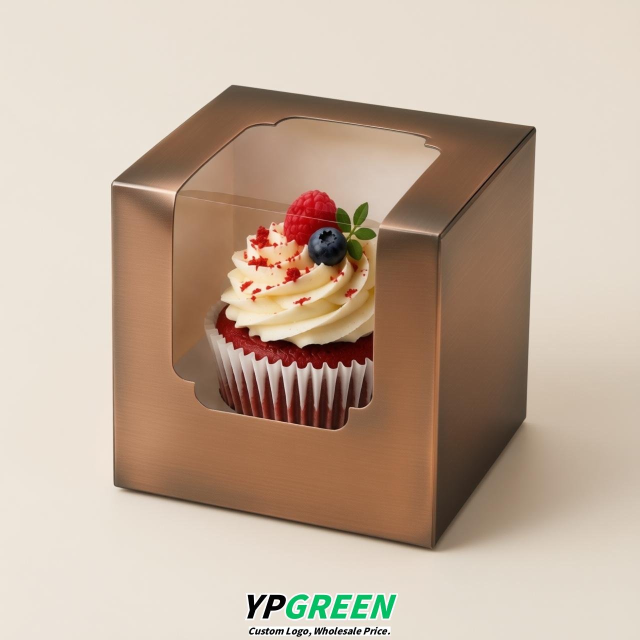 Bronze Individual 3.5 inches Square Paper Cupcake Box Containers with Windows & Inserts