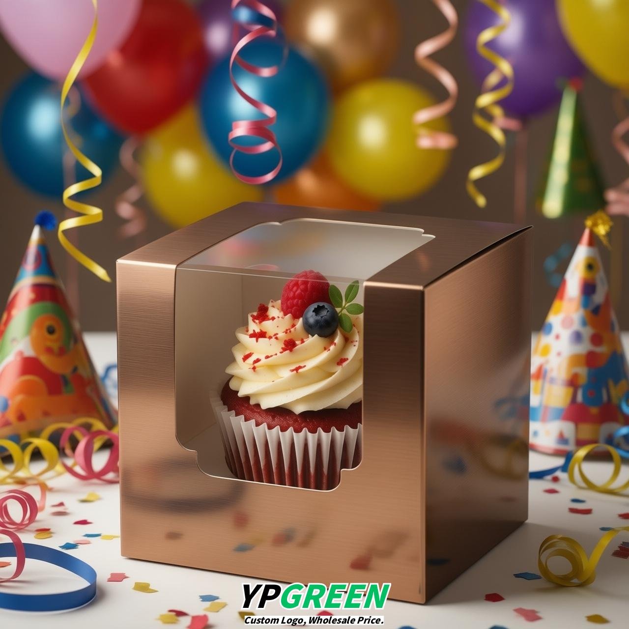 Bronze Individual 3.5 inches Square Paper Cupcake Box Containers with Windows & Inserts