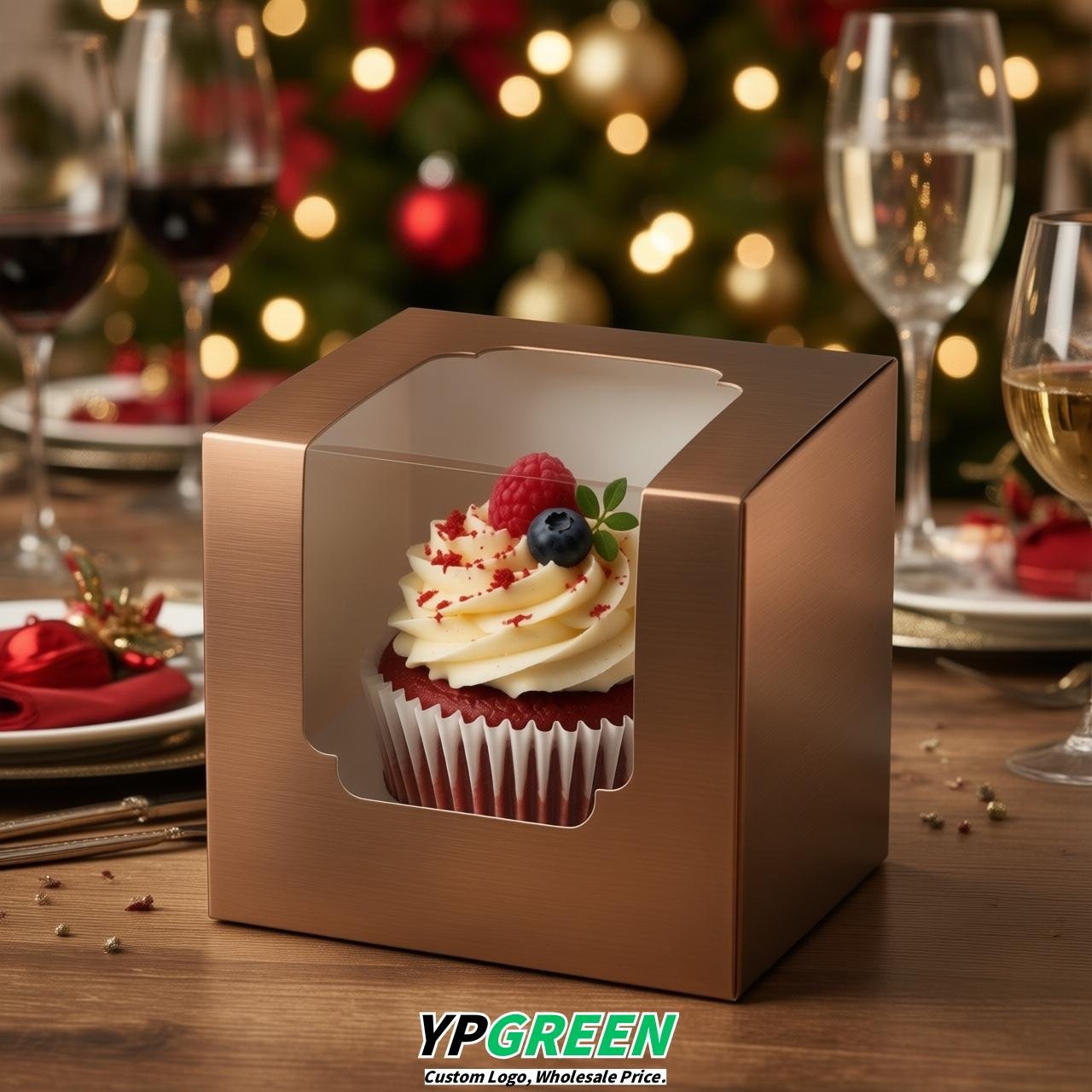Bronze Individual 3.5 inches Square Paper Cupcake Box Containers with Windows & Inserts