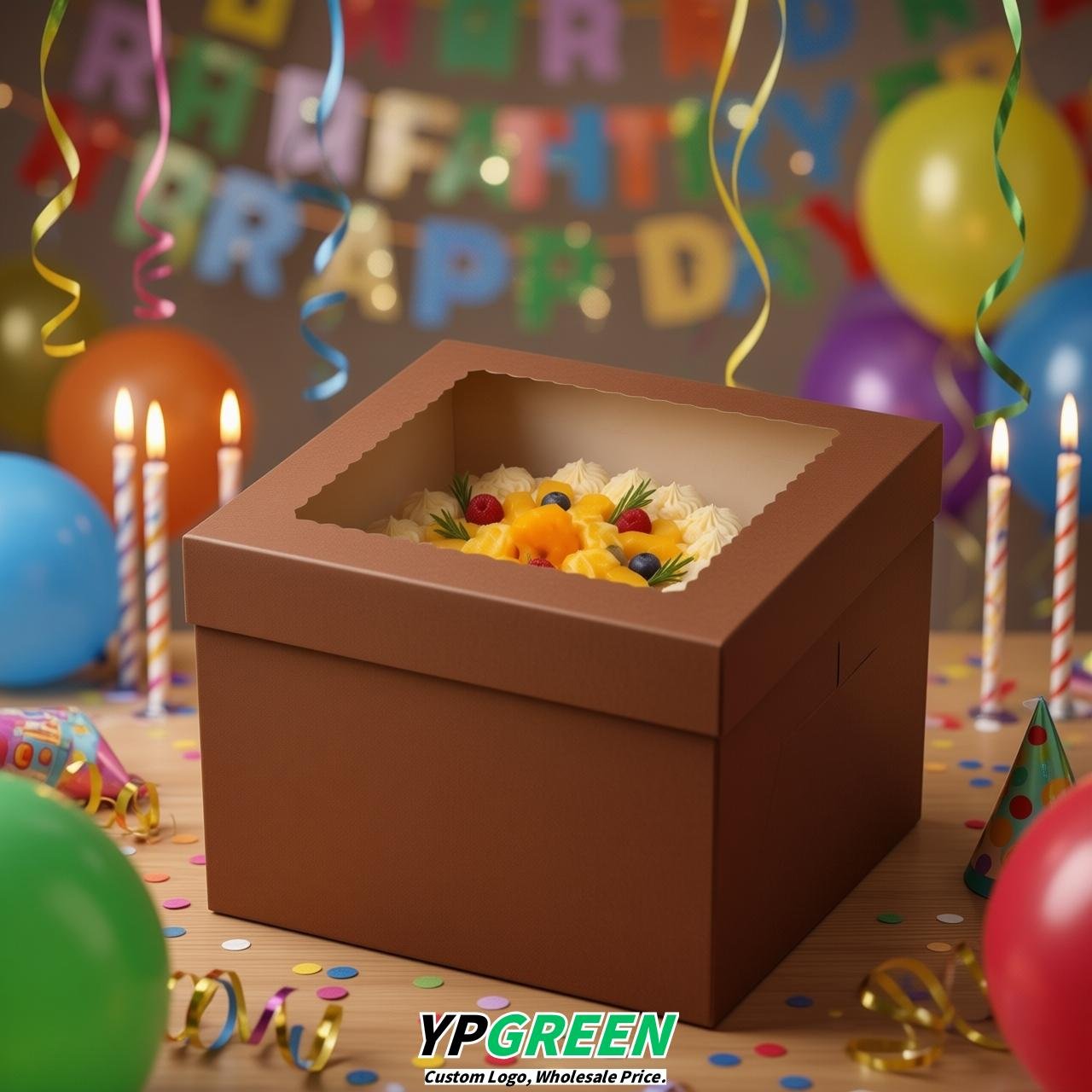 Brown 10 & 12 inches Tall Cake Box with Window - Square Cardboard Cake Box