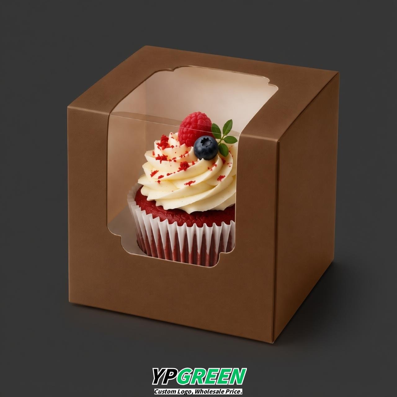 Brown Individual 3.5 inches Square Paper Cupcake Box Containers with Windows & Inserts