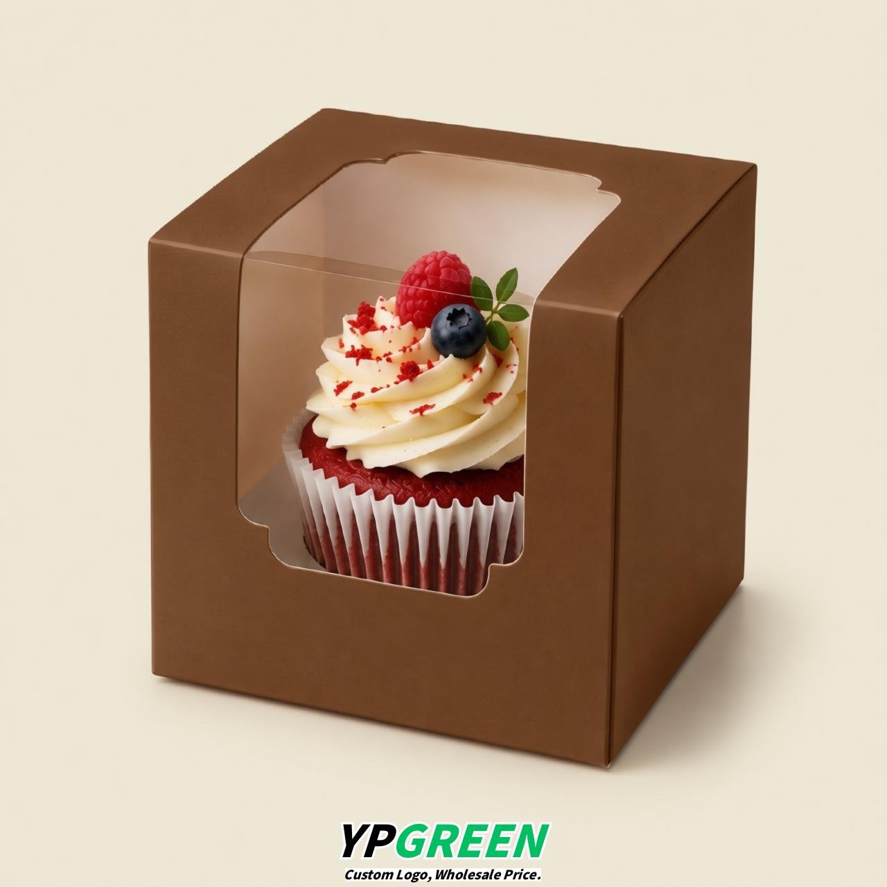 Brown Individual 3.5 inches Square Paper Cupcake Box Containers with Windows & Inserts
