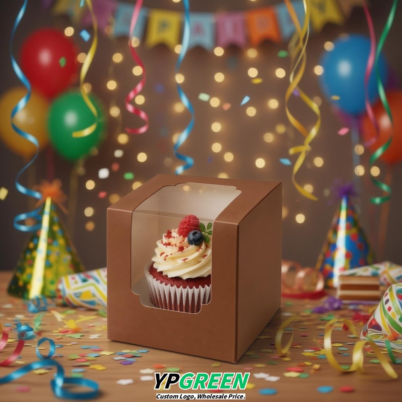 Brown Individual 3.5 inches Square Paper Cupcake Box Containers with Windows & Inserts