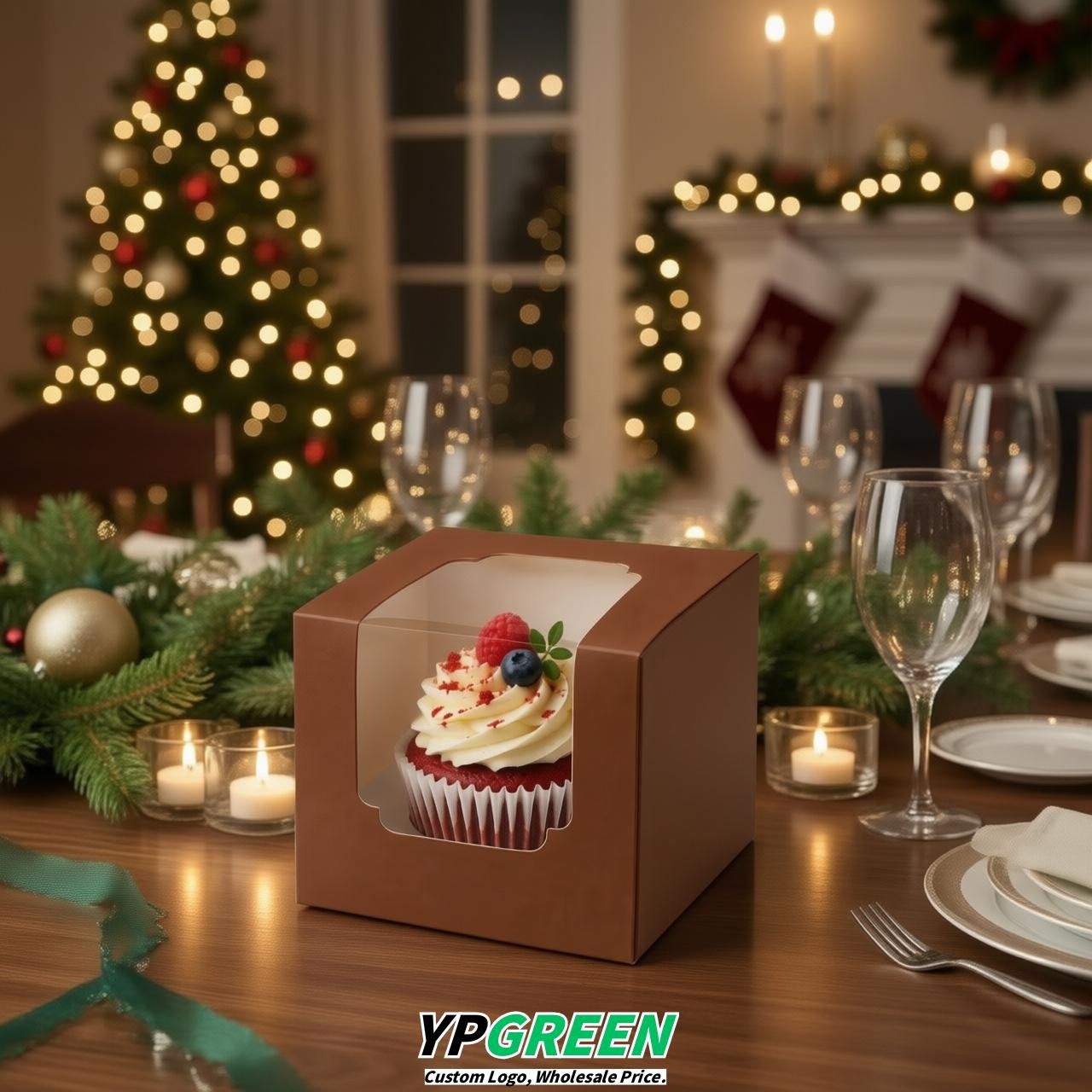 Brown Individual 3.5 inches Square Paper Cupcake Box Containers with Windows & Inserts