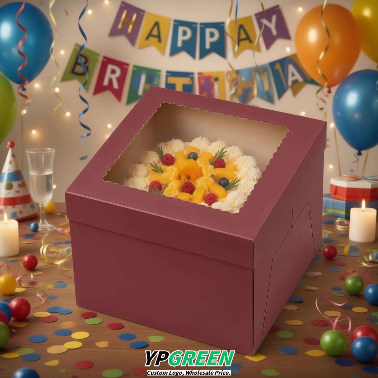 Burgundy 10 & 12 inches Cake Box with Window - Square Cardboard Cake Box