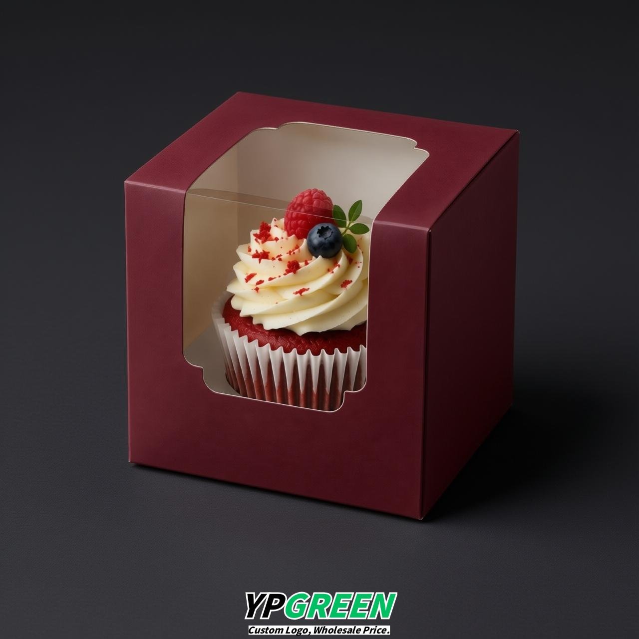 Burgundy Individual 3.5 inches Square Paper Cupcake Box Containers with Windows & Inserts