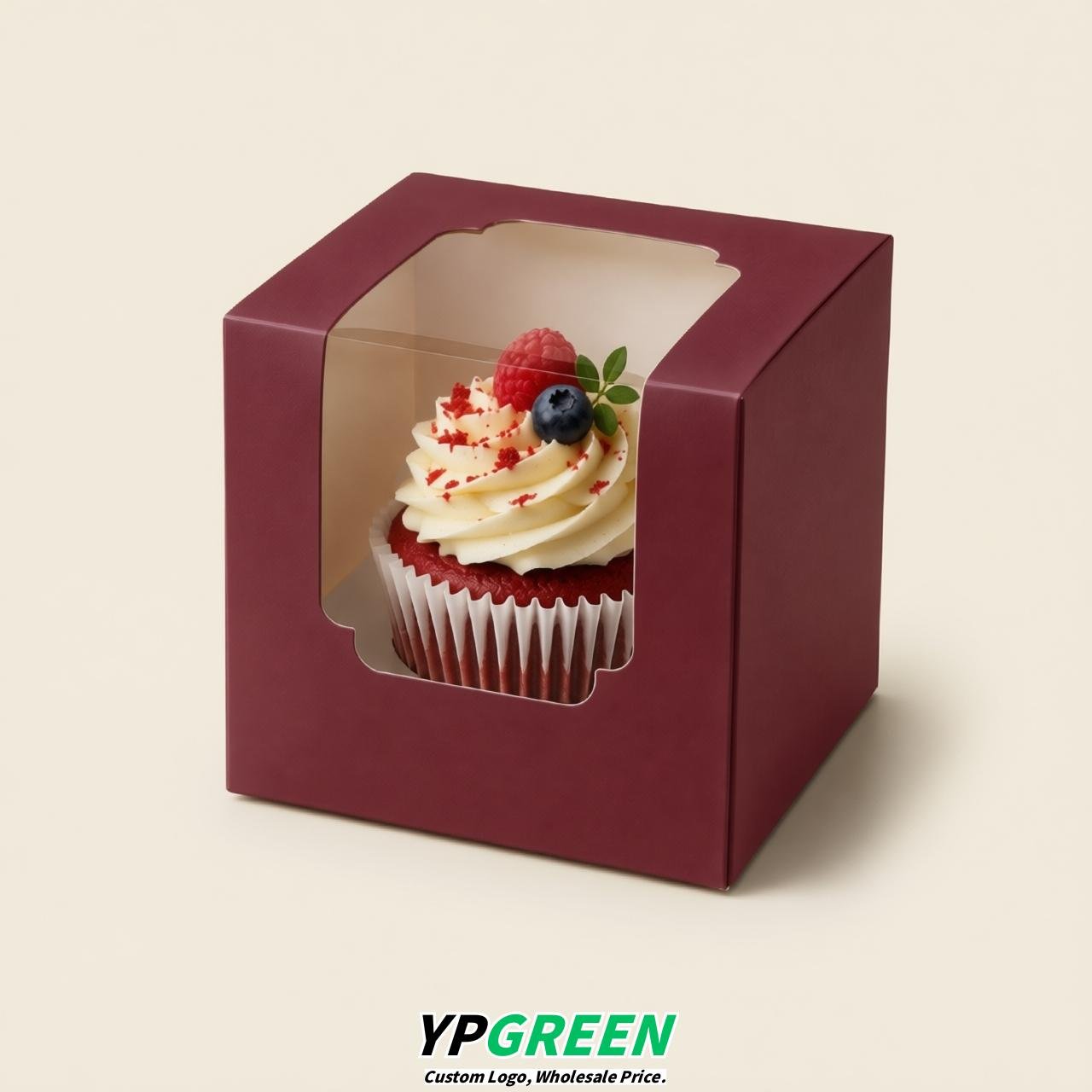 Burgundy Individual 3.5 inches Square Paper Cupcake Box Containers with Windows & Inserts