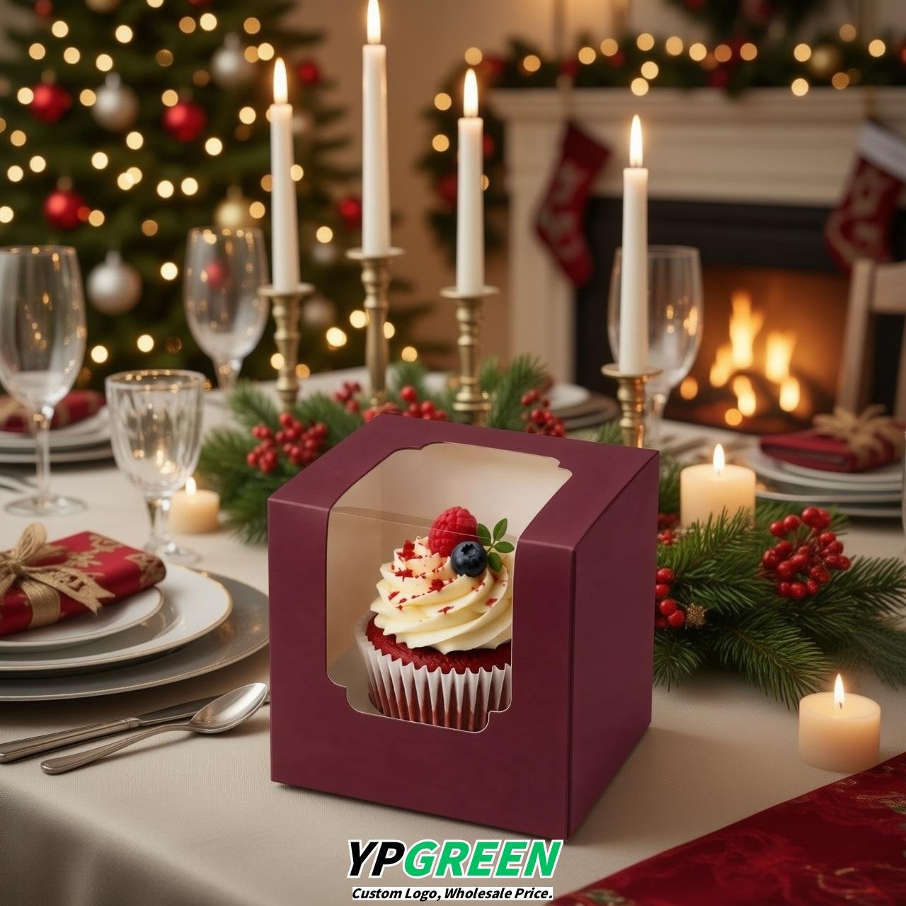 Burgundy Individual 3.5 inches Square Paper Cupcake Box Containers with Windows & Inserts