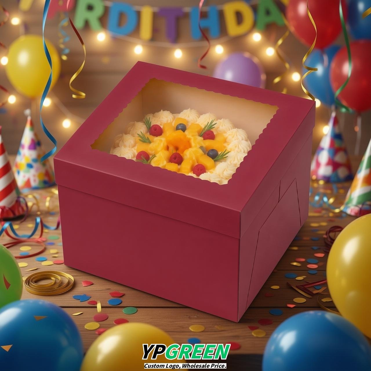 Carmine 10 & 12 inches Tall Cake Box with Window - Square Cardboard Cake Box