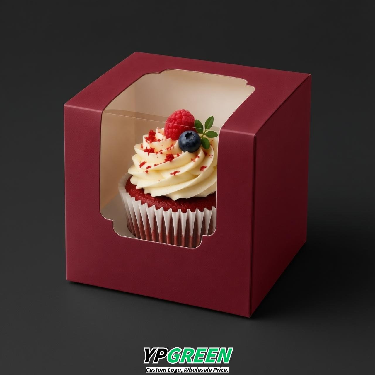 Carmine Individual 3.5 inches Square Paper Cupcake Box Containers with Windows & Inserts