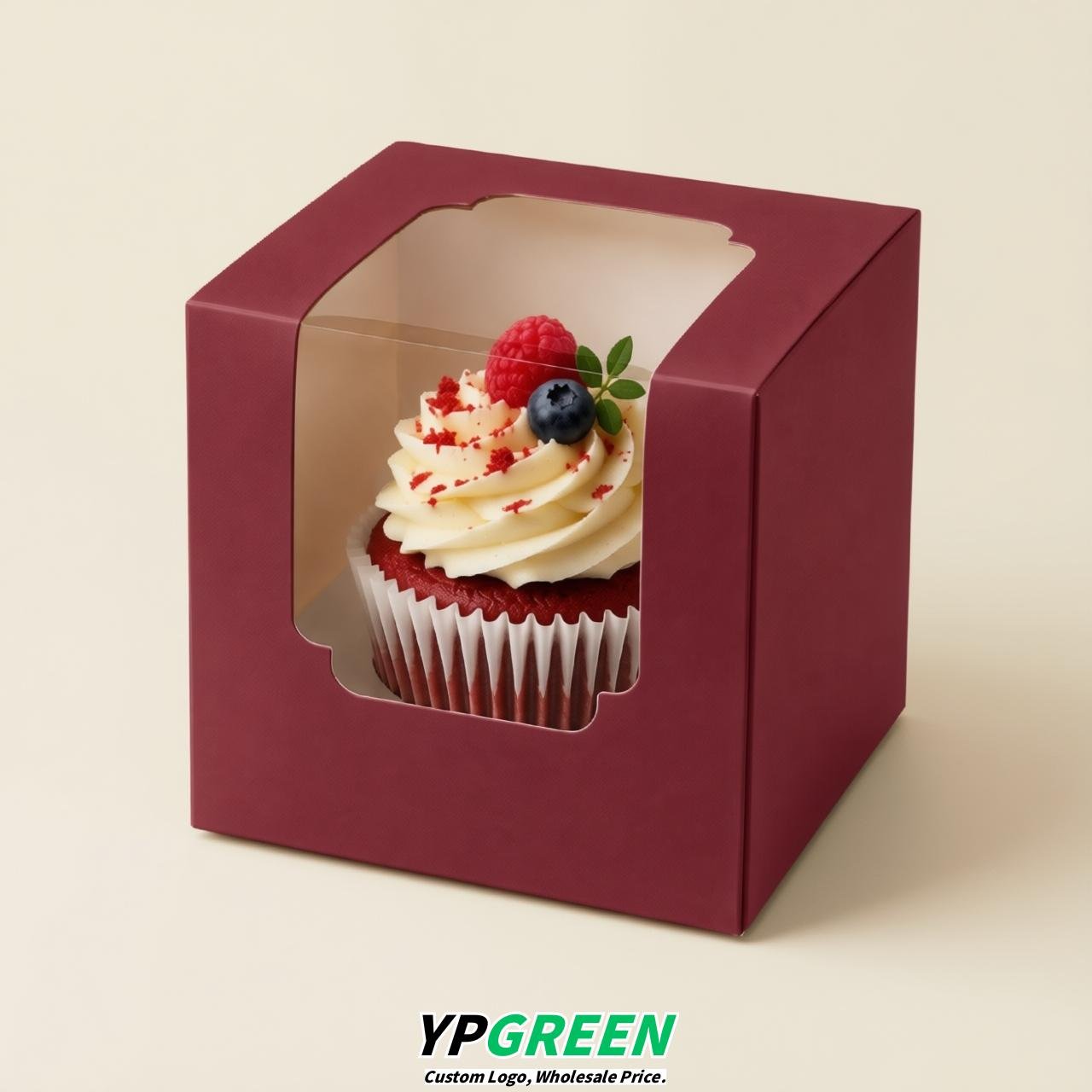 Carmine Individual 3.5 inches Square Paper Cupcake Box Containers with Windows & Inserts