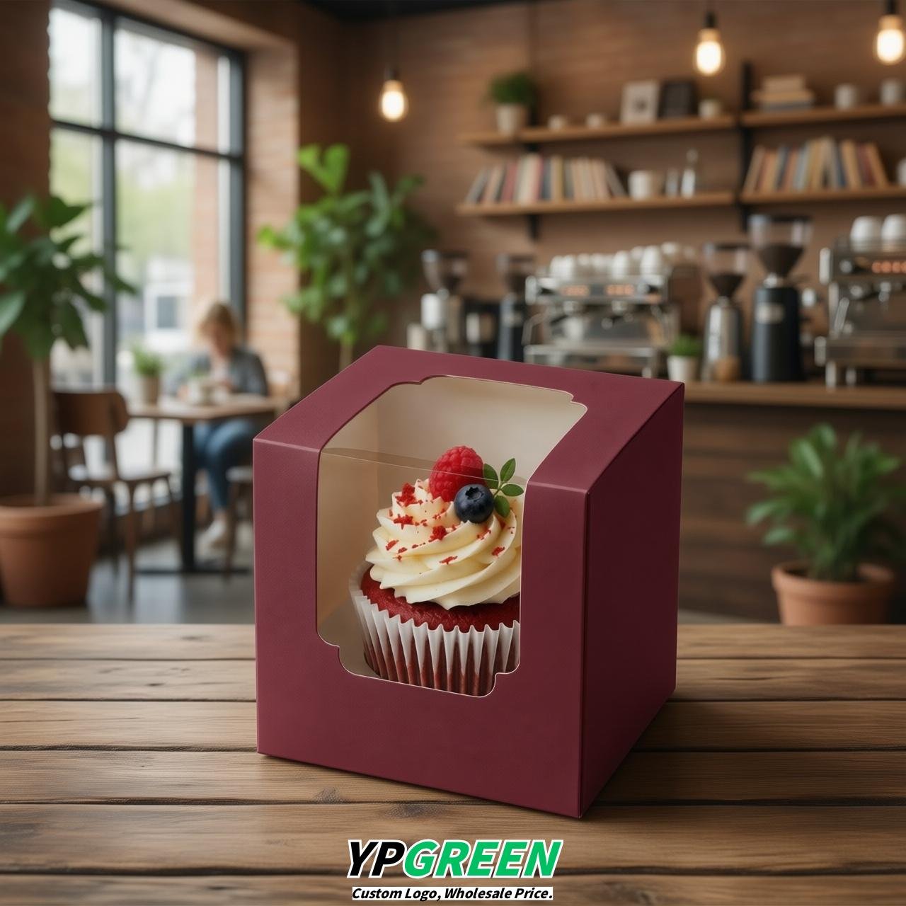 Carmine Individual 3.5 inches Square Paper Cupcake Box Containers with Windows & Inserts