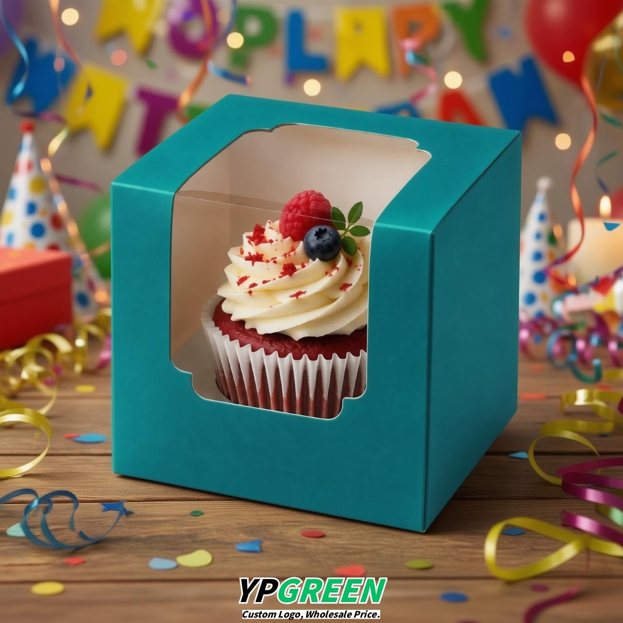 Cerulean Individual 3.5 inches Square Paper Cupcake Box Containers with Windows & Inserts