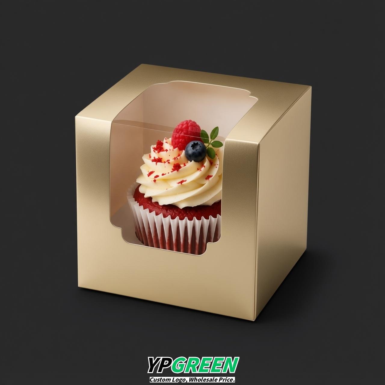 Champagne Individual 3.5 inches Square Paper Cupcake Box Containers with Windows & Inserts