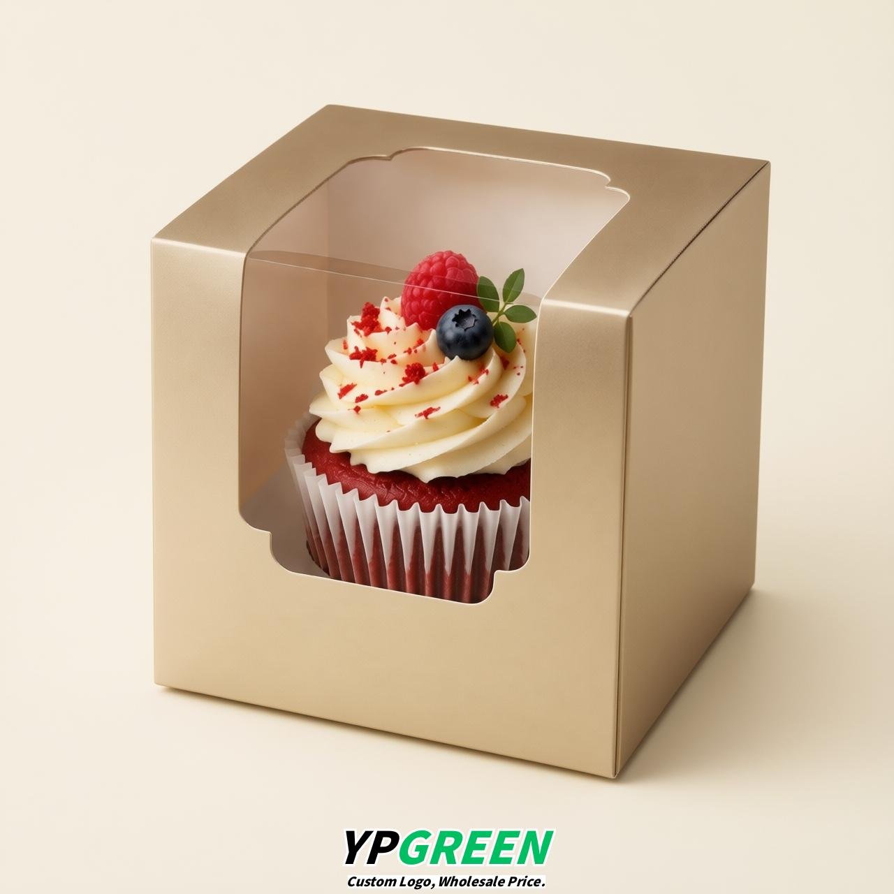 Champagne Individual 3.5 inches Square Paper Cupcake Box Containers with Windows & Inserts