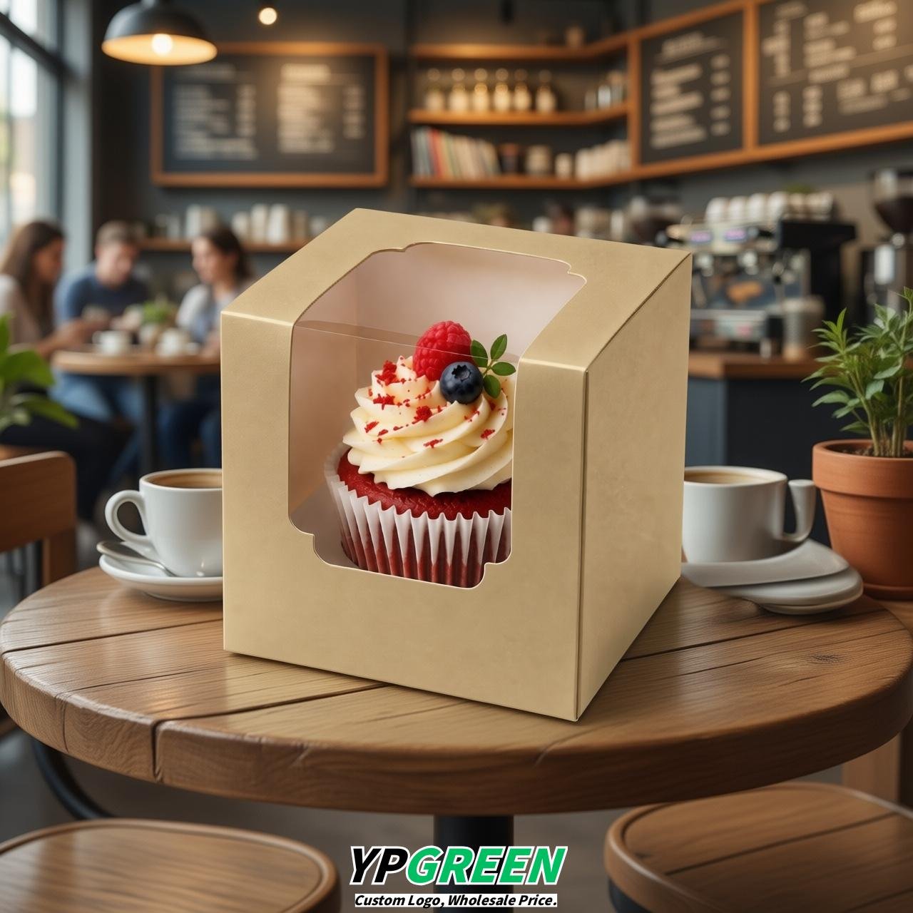 Champagne Individual 3.5 inches Square Paper Cupcake Box Containers with Windows & Inserts