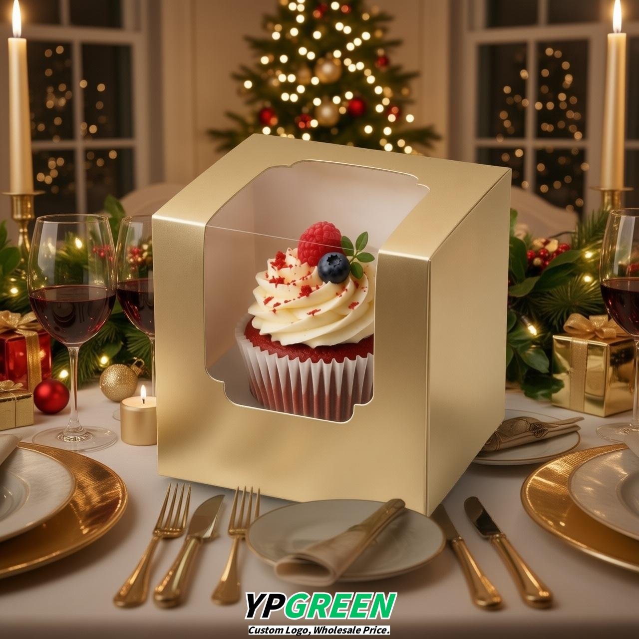 Champagne Individual 3.5 inches Square Paper Cupcake Box Containers with Windows & Inserts Champagne Individual 3.5 inches Square Paper Cupcake Box Containers with Windows & Inserts
