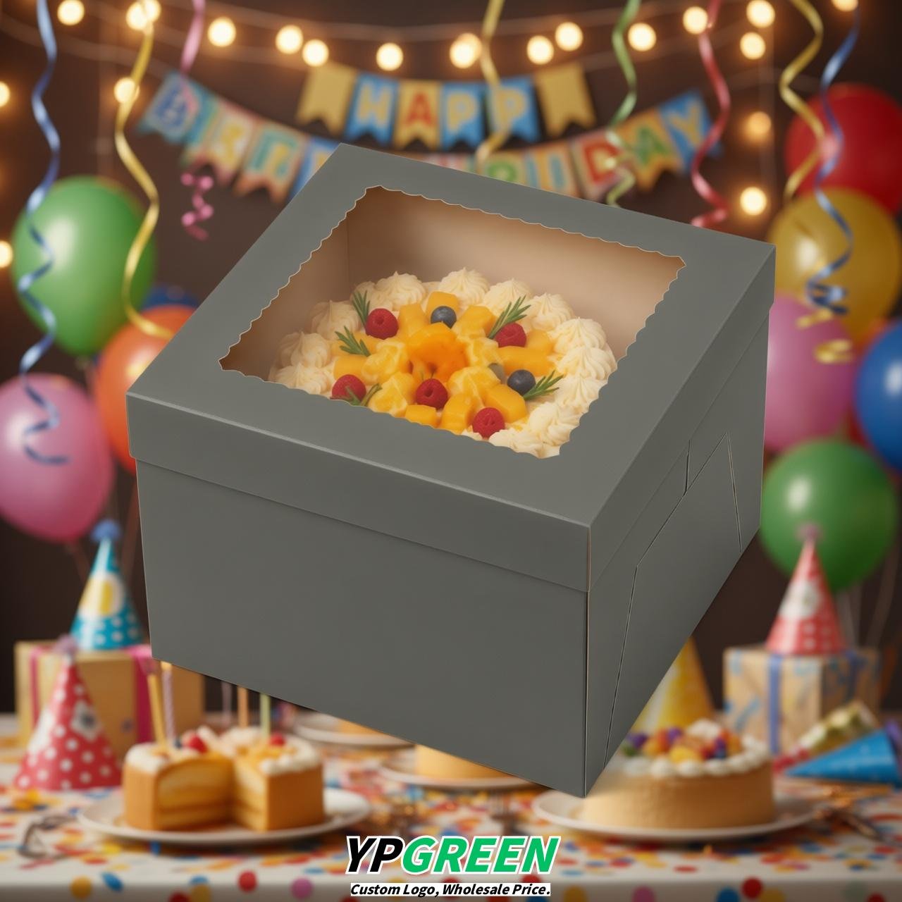 Charcoal 10 & 12 inches Cake Box with Window - Square Cardboard Cake Box