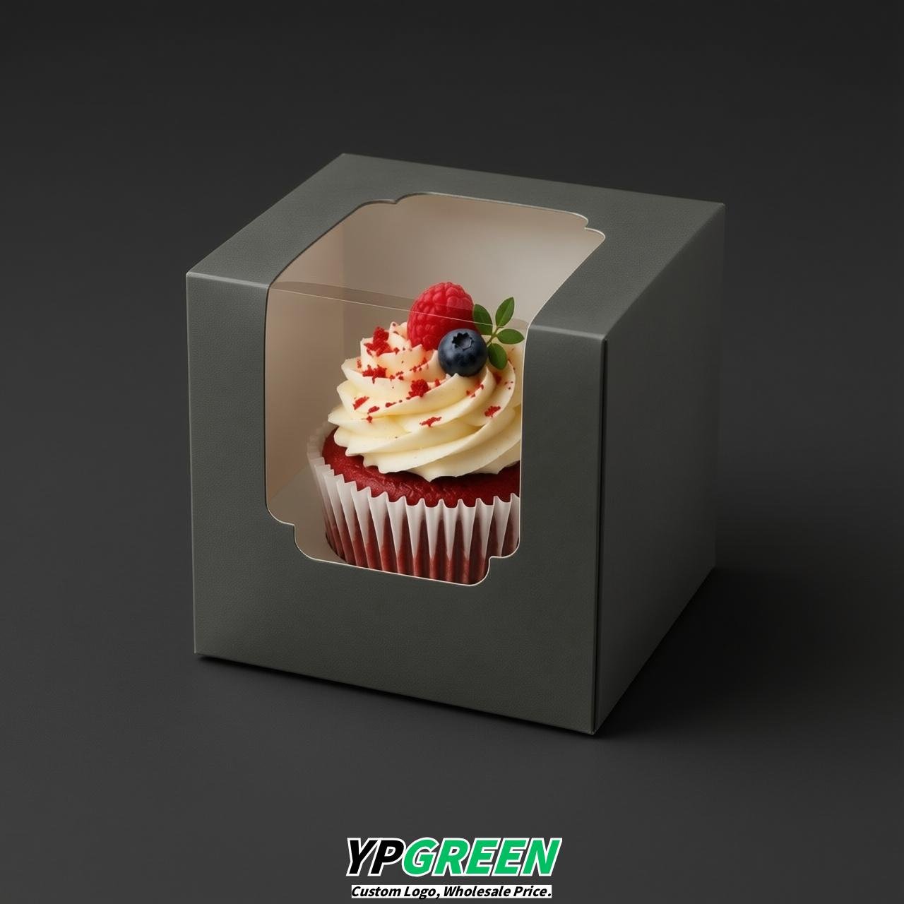 Charcoal Individual 3.5 inches Square Paper Cupcake Box Containers with Windows & Inserts