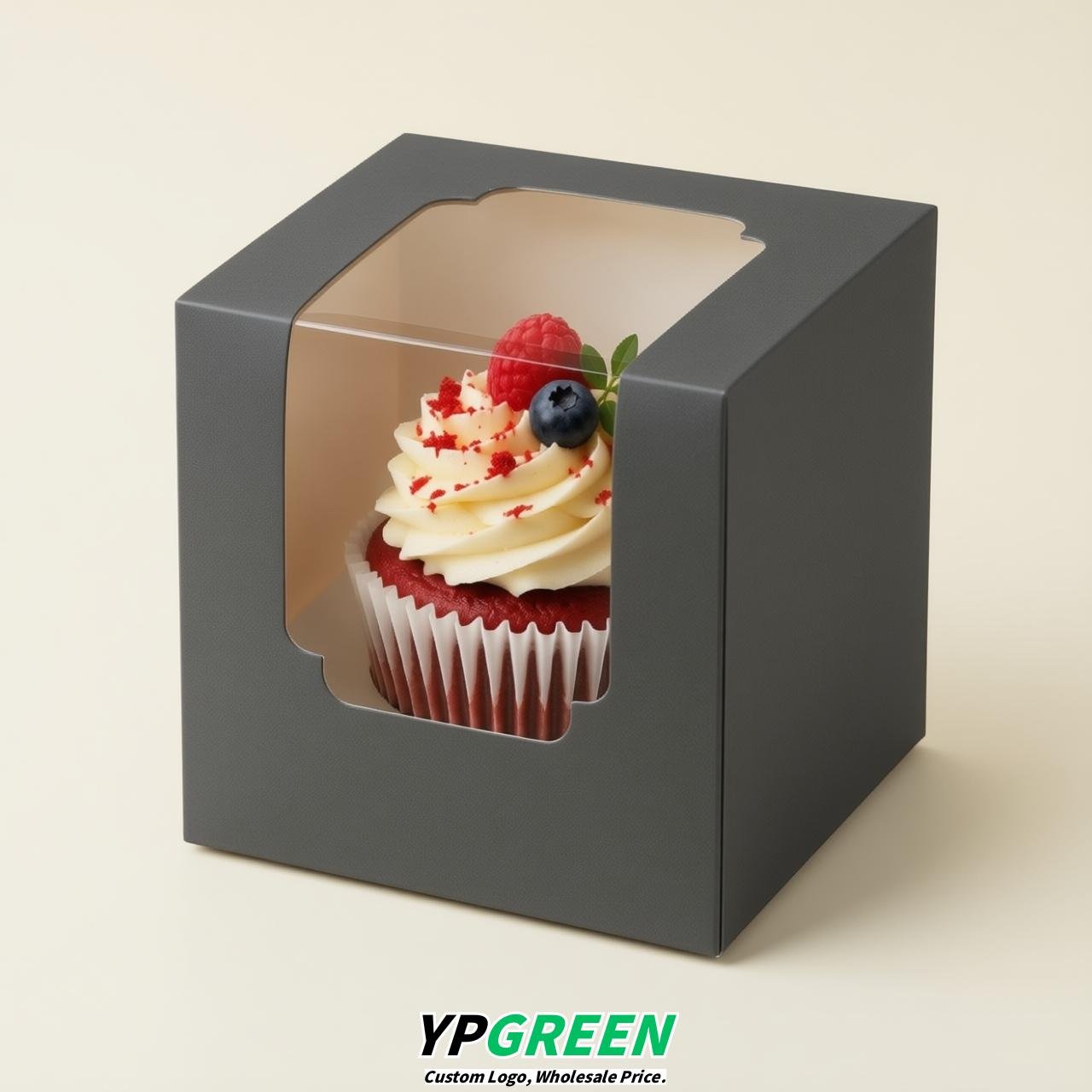 Charcoal Individual 3.5 inches Square Paper Cupcake Box Containers with Windows & Inserts