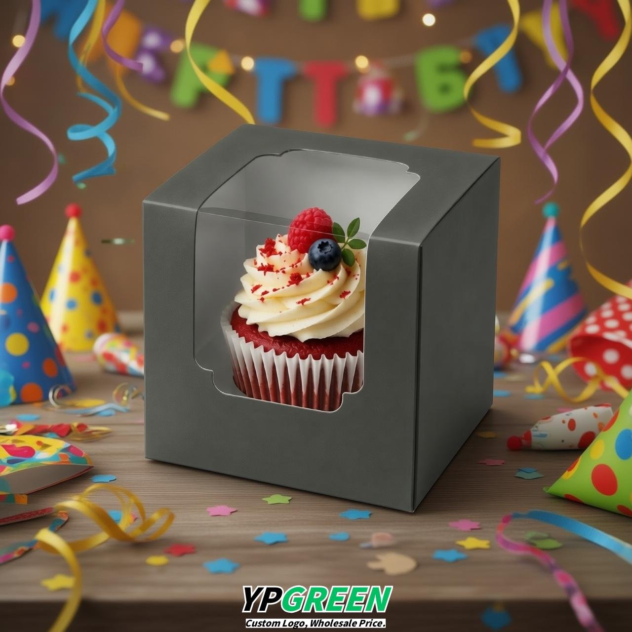 Charcoal Individual 3.5 inches Square Paper Cupcake Box Containers with Windows & Inserts
