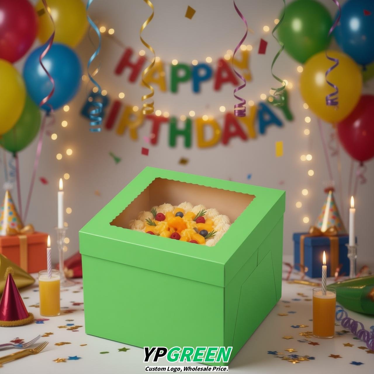Chartreuse 10 & 12 inches Tall Cake Box with Window - Square Cardboard Cake Box