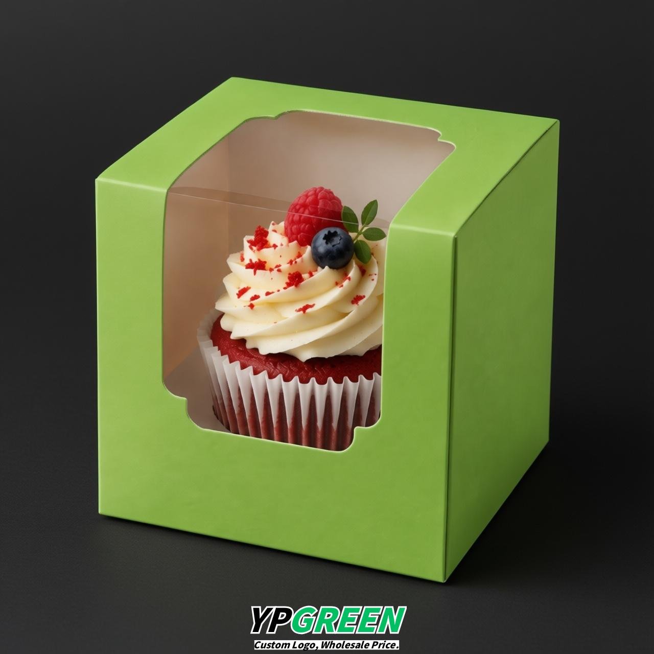 Chartreuse Individual 3.5 inches Square Paper Cupcake Box Containers with Windows & Inserts