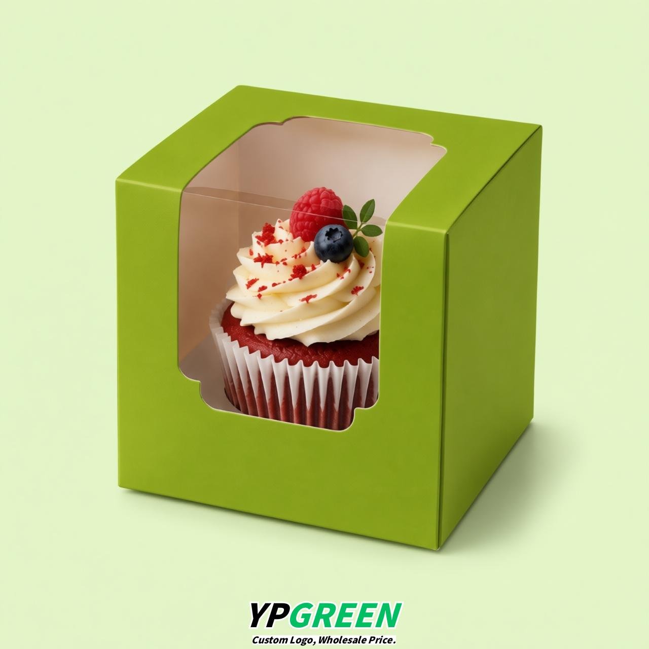 Chartreuse Individual 3.5 inches Square Paper Cupcake Box Containers with Windows & Inserts