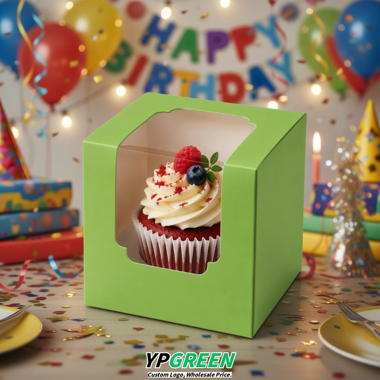 Chartreuse Individual 3.5 inches Square Paper Cupcake Box Containers with Windows & Inserts