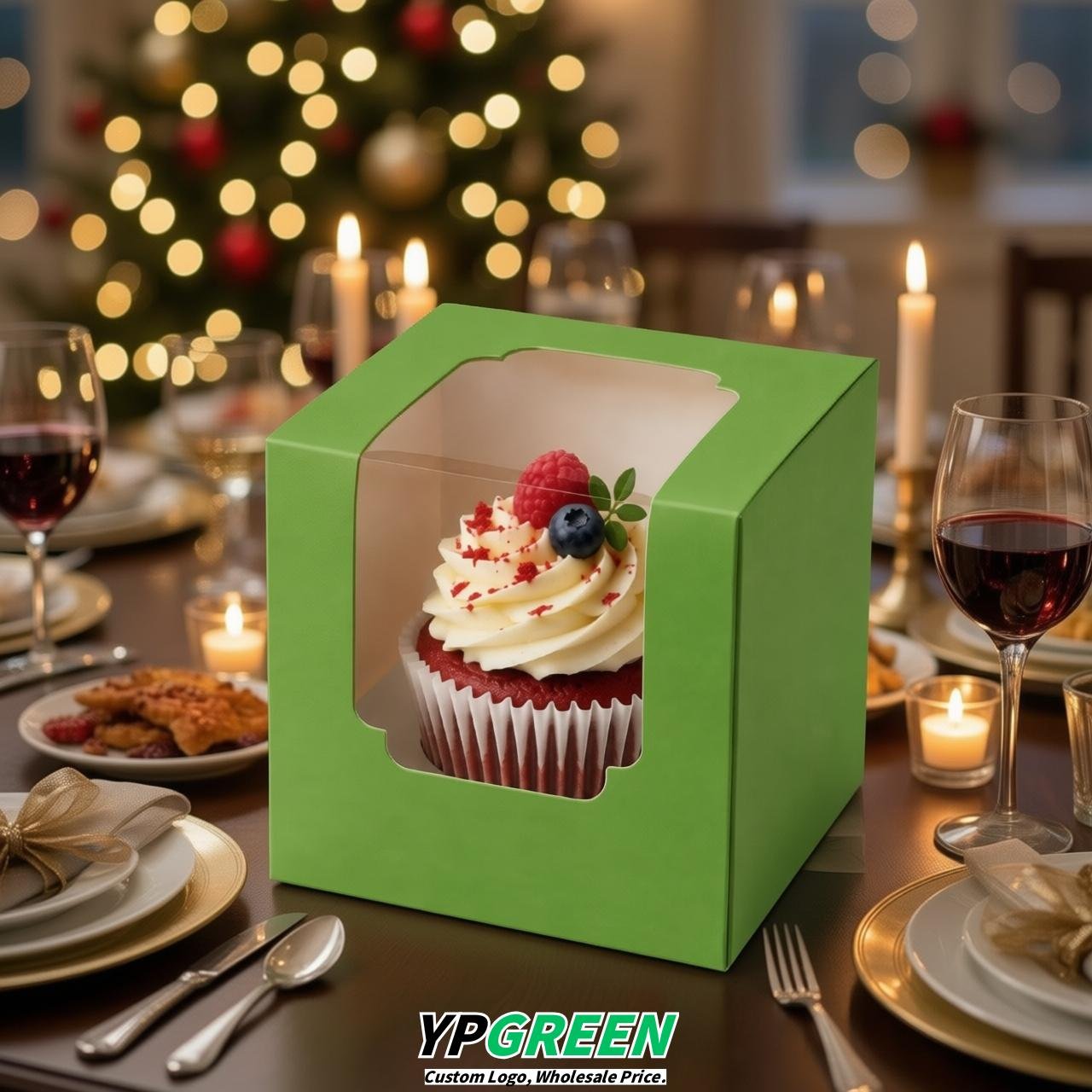 Chartreuse Individual 3.5 inches Square Paper Cupcake Box Containers with Windows & Inserts