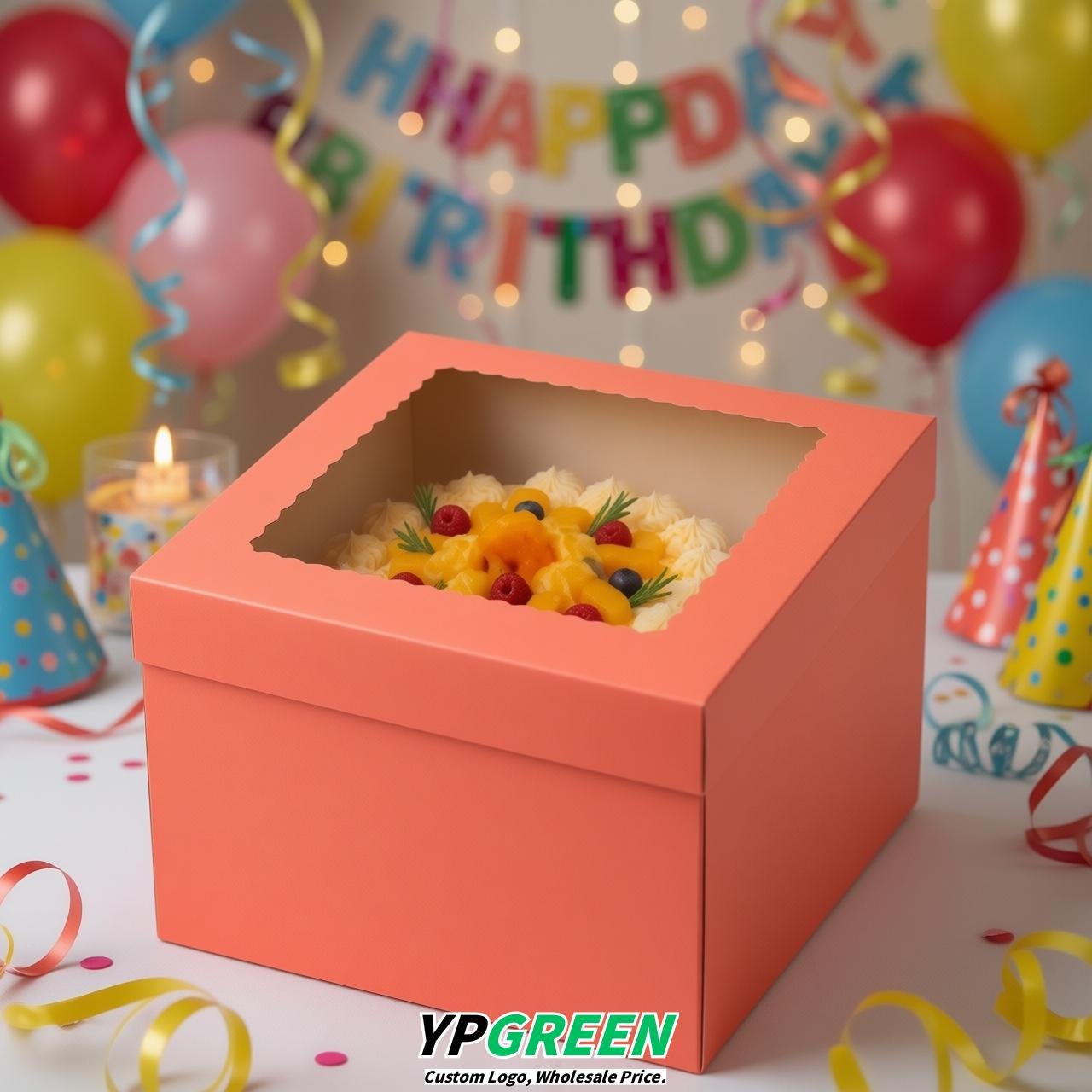 Coral 10 & 12 inches Cake Box with Window - Square Cardboard Cake Box