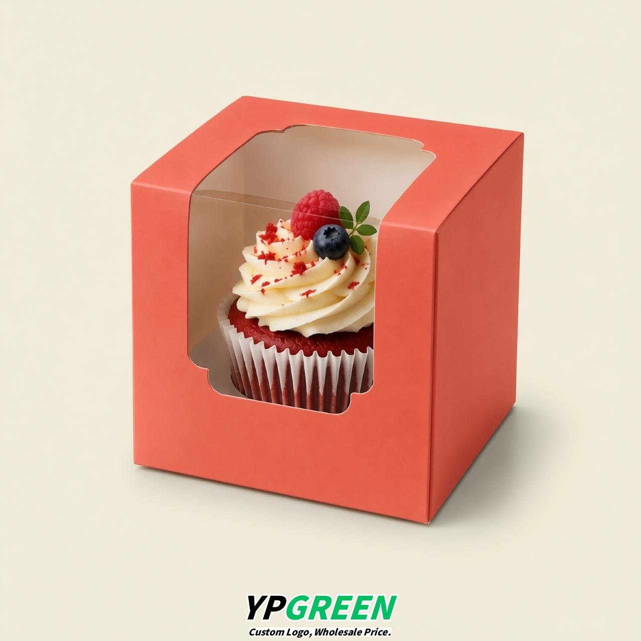 Coral Individual 3.5 inches Square Paper Cupcake Box Containers with Windows & Inserts