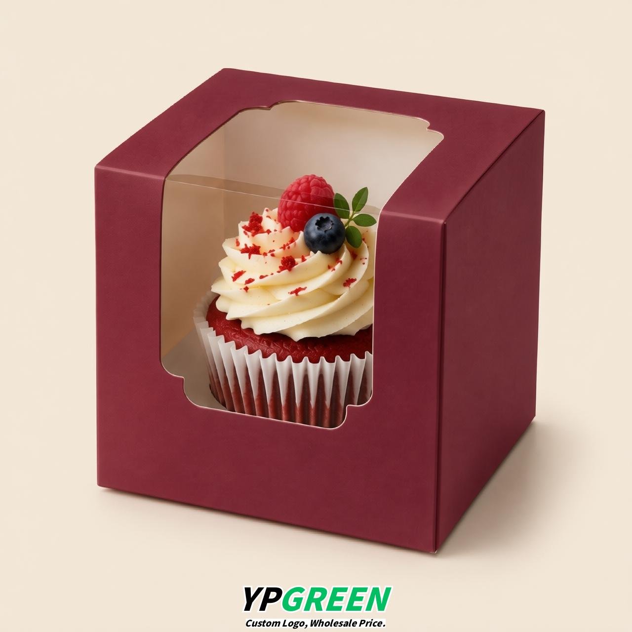 Crimson Individual 3.5 inches Square Paper Cupcake Box Containers with Windows & Inserts