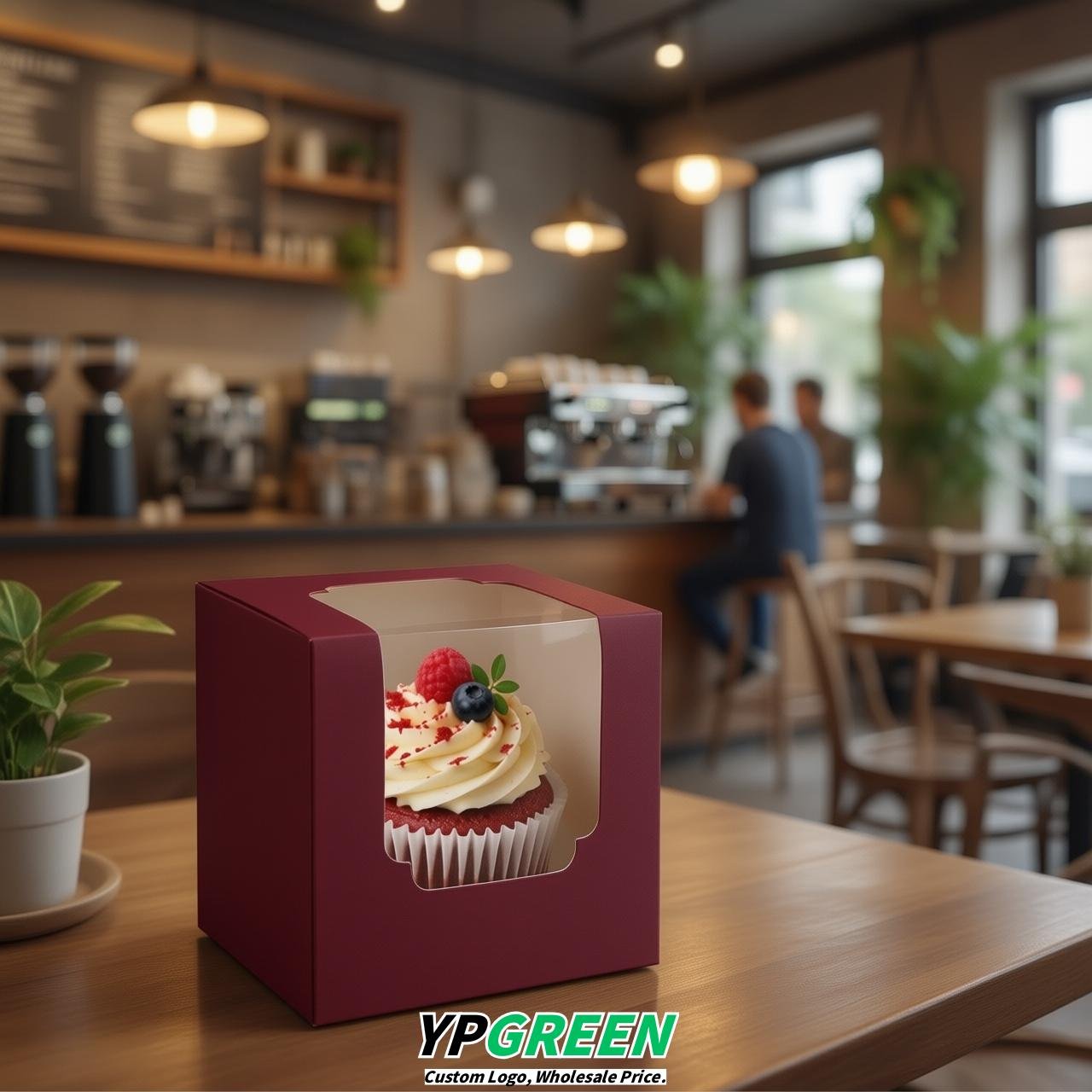 Crimson Individual 3.5 inches Square Paper Cupcake Box Containers with Windows & Inserts