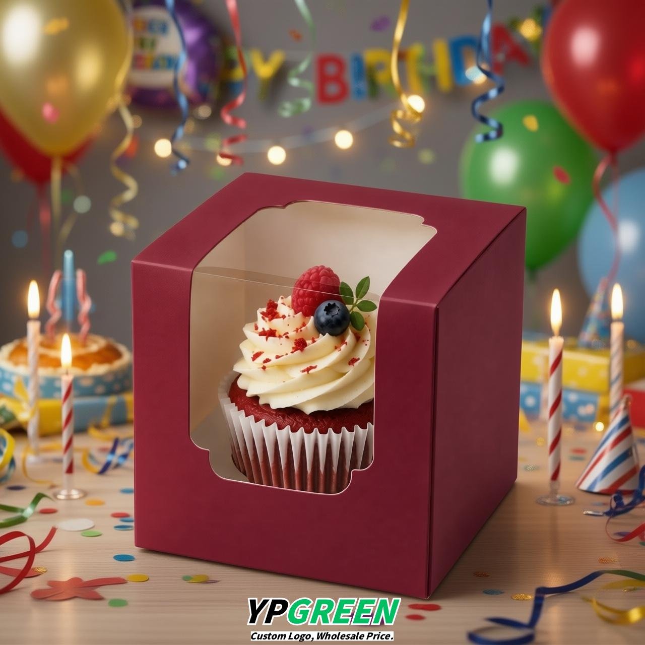 Crimson Individual 3.5 inches Square Paper Cupcake Box Containers with Windows & Inserts