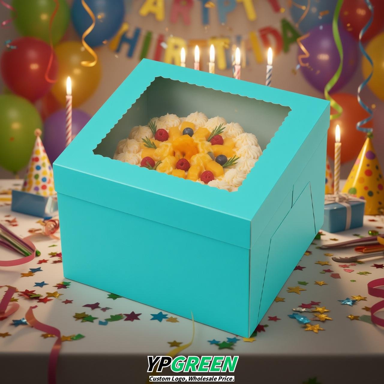 Cyan 10 & 12 inches Cake Box with Window - Square Cardboard Cake Box