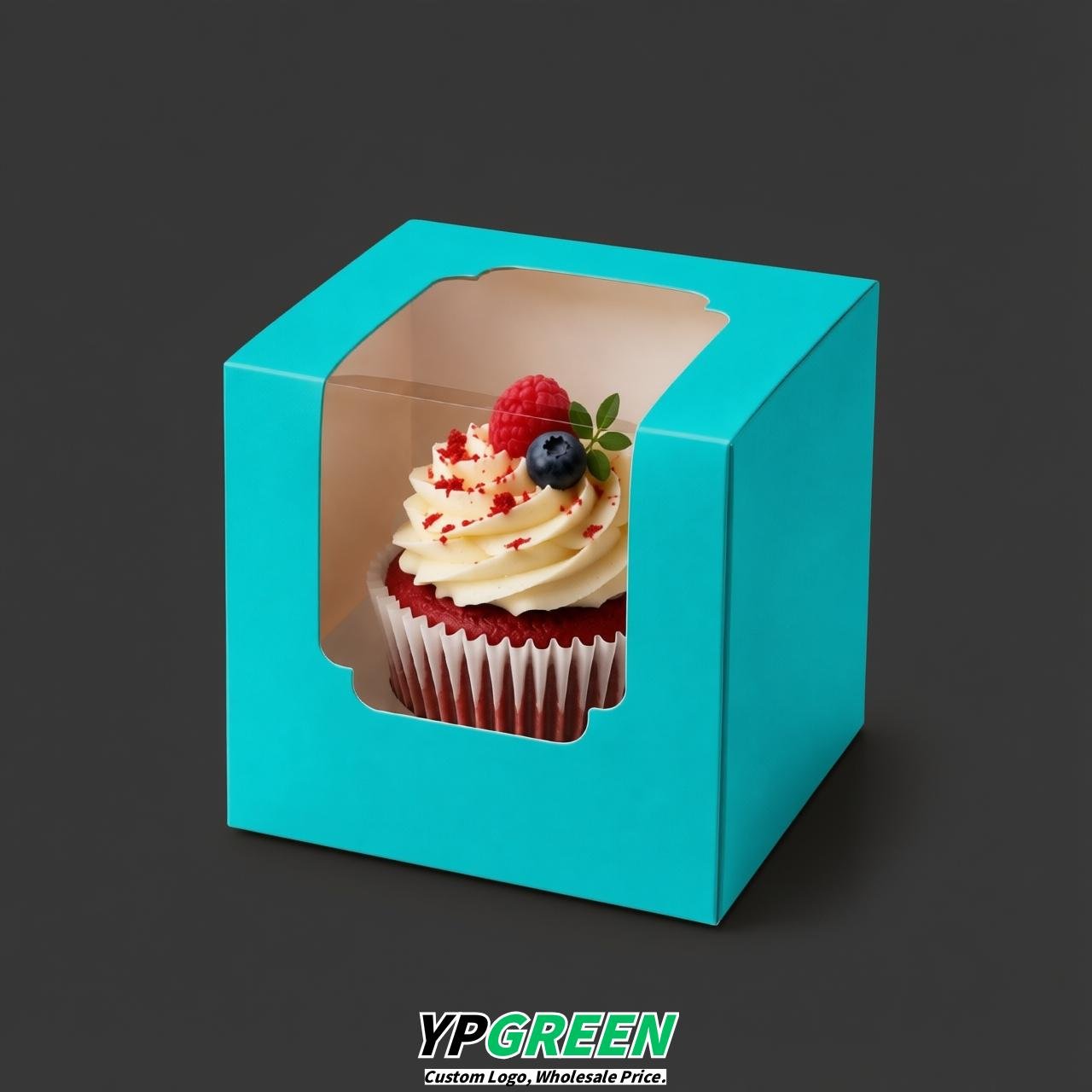 Cyan Individual 3.5 inches Square Paper Cupcake Box Containers with Windows & Inserts