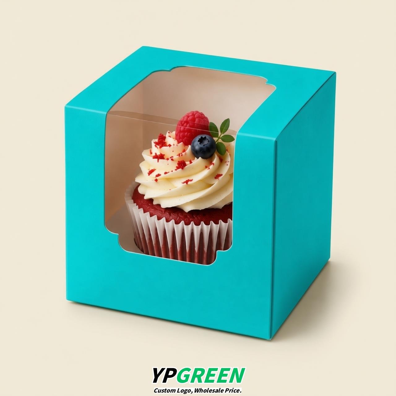 Cyan Individual 3.5 inches Square Paper Cupcake Box Containers with Windows & Inserts