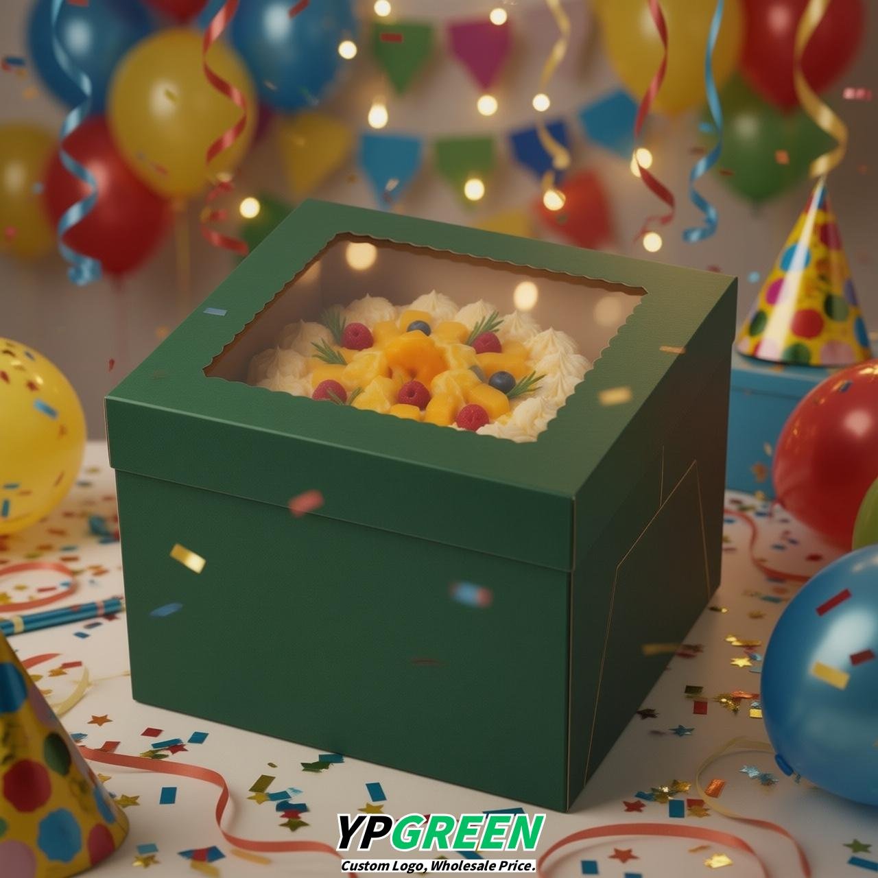 Dark Green 10 & 12 inches Tall Cake Box with Window - Square Cardboard Cake Box