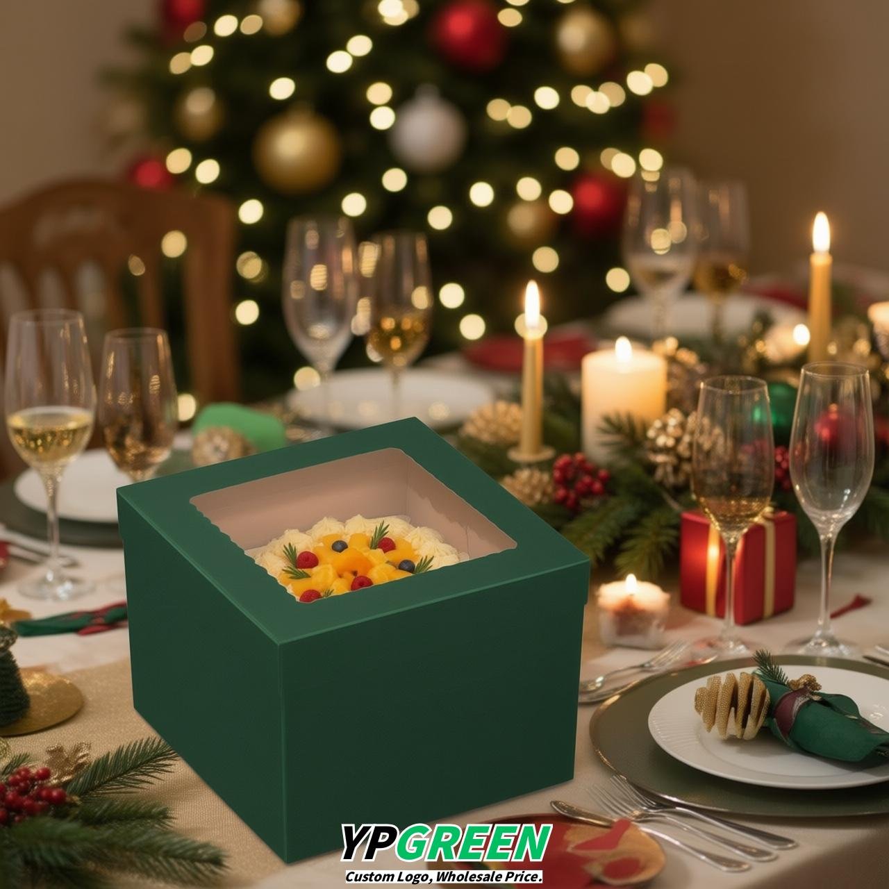 Dark Green 10 & 12 inches Tall Cake Box with Window - Square Cardboard Cake Box