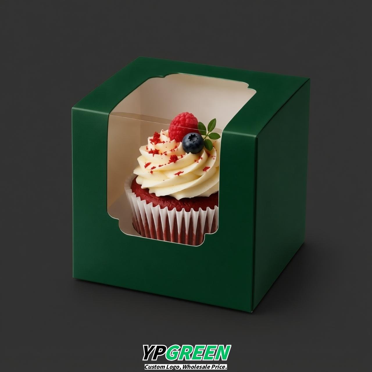 Dark Green Individual 3.5 inches Square Paper Cupcake Box Containers with Windows & Inserts