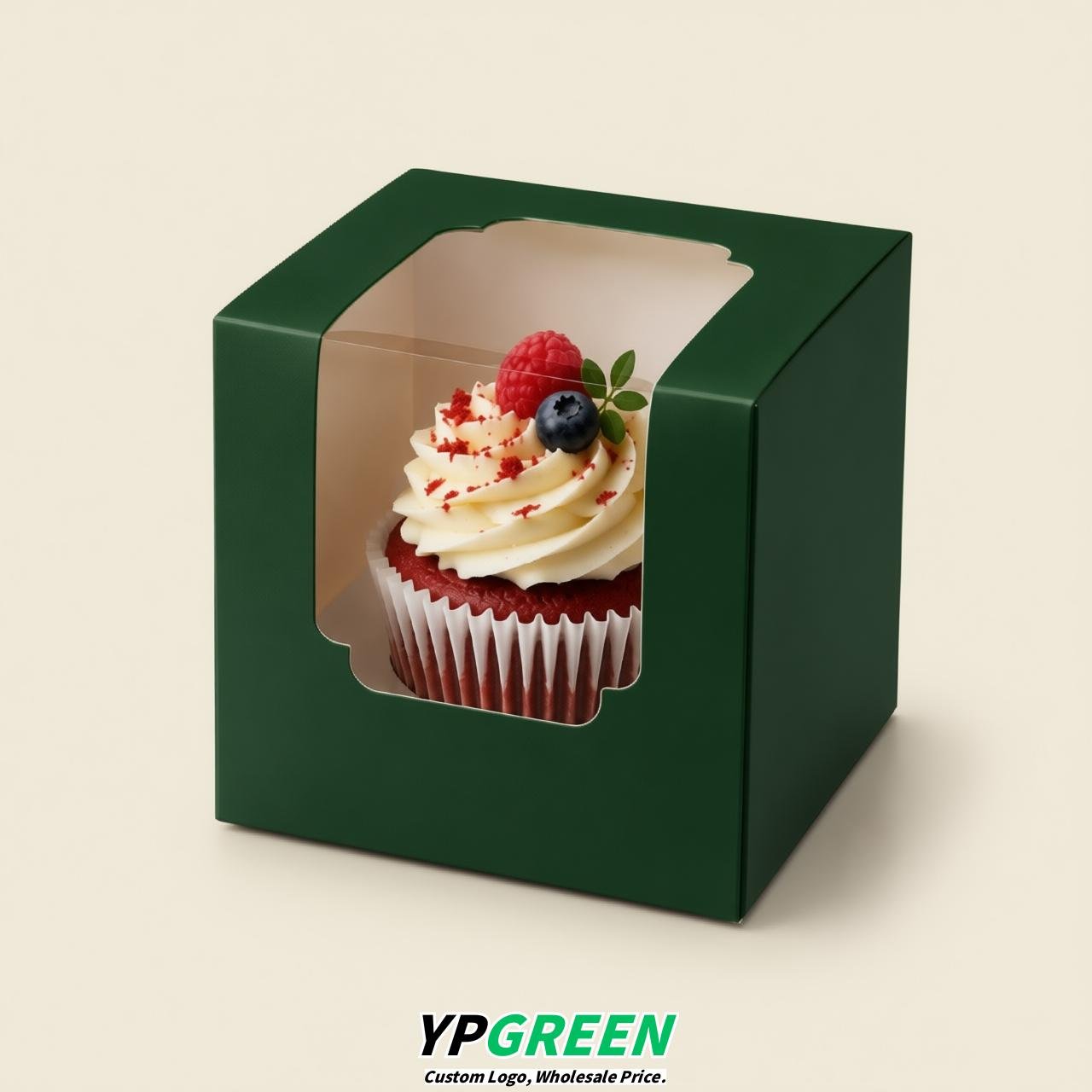 Dark Green Individual 3.5 inches Square Paper Cupcake Box Containers with Windows & Inserts