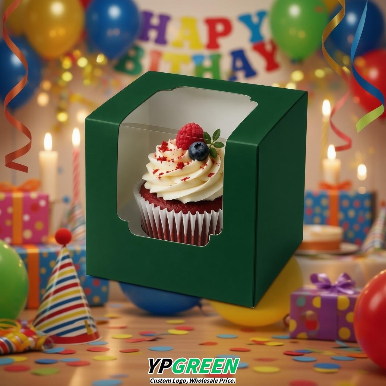 Dark Green Individual 3.5 inches Square Paper Cupcake Box Containers with Windows & Inserts
