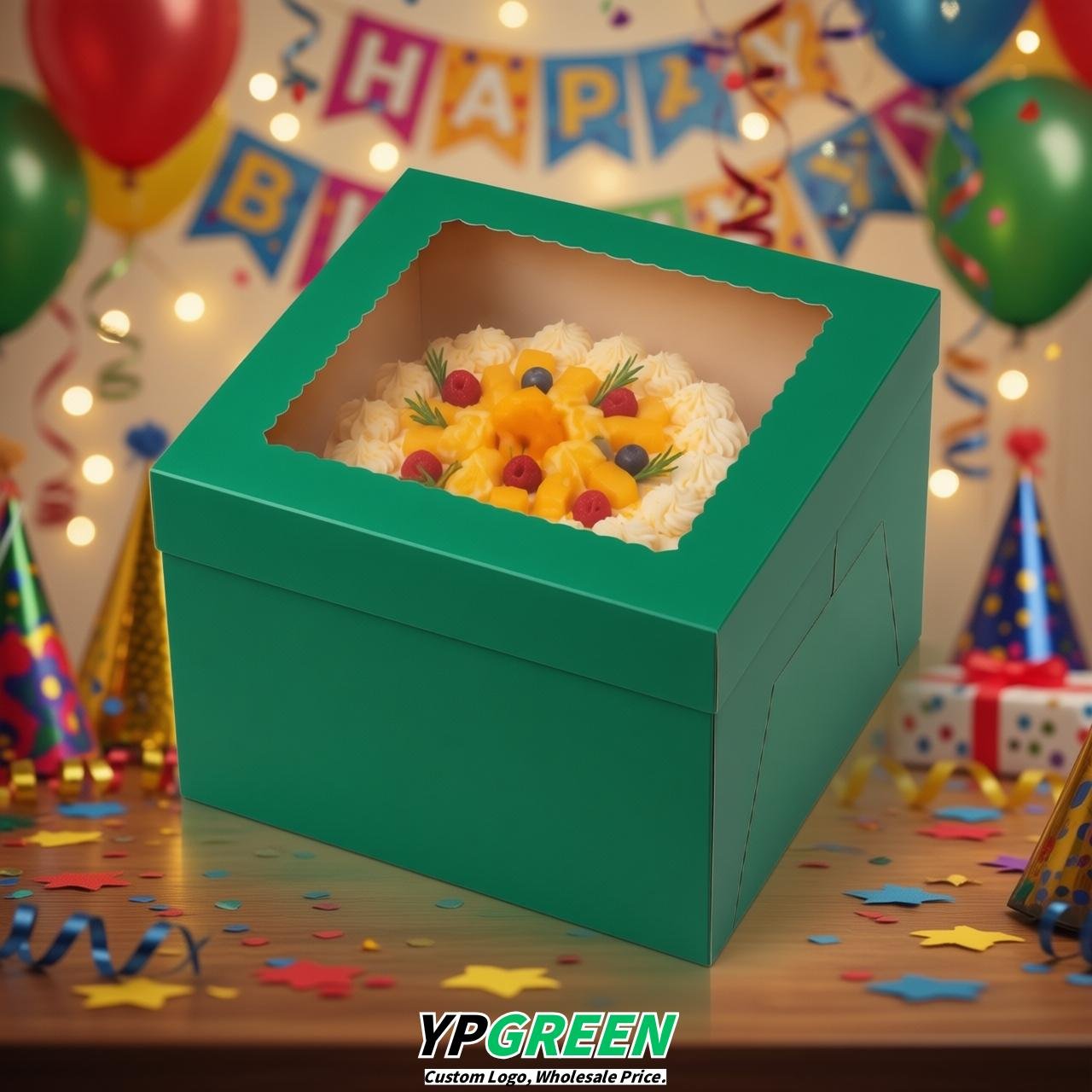 Emerald Green 10 & 12 inches Tall Cake Box with Window - Square Cardboard Cake Box