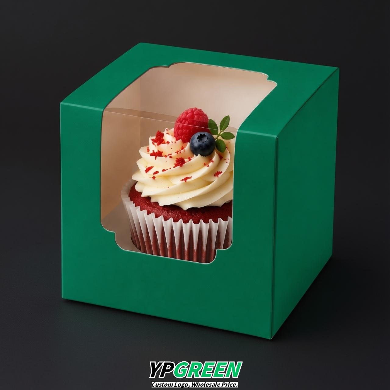 Emerald Green Individual 3.5 inches Square Paper Cupcake Box Containers with Windows & Inserts