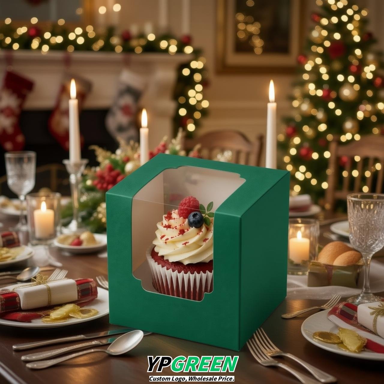 Emerald Green Individual 3.5 inches Square Paper Cupcake Box Containers with Windows & Inserts